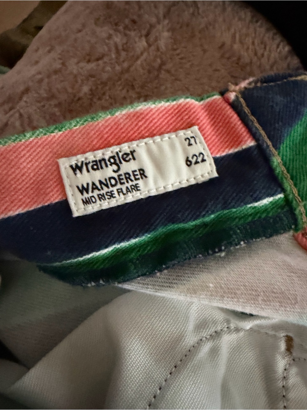 NWOT Wrangler Wanderer Mid Rise Flare Jeans 27x32 Pink Green Stripe Boho - Picture 3 of 6